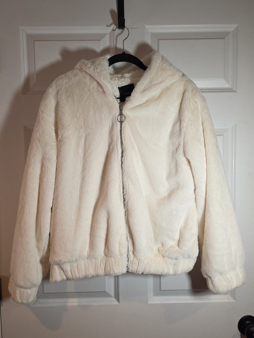 Forever 21 Cream Faux Fur Hooded Zip Up Jacket L